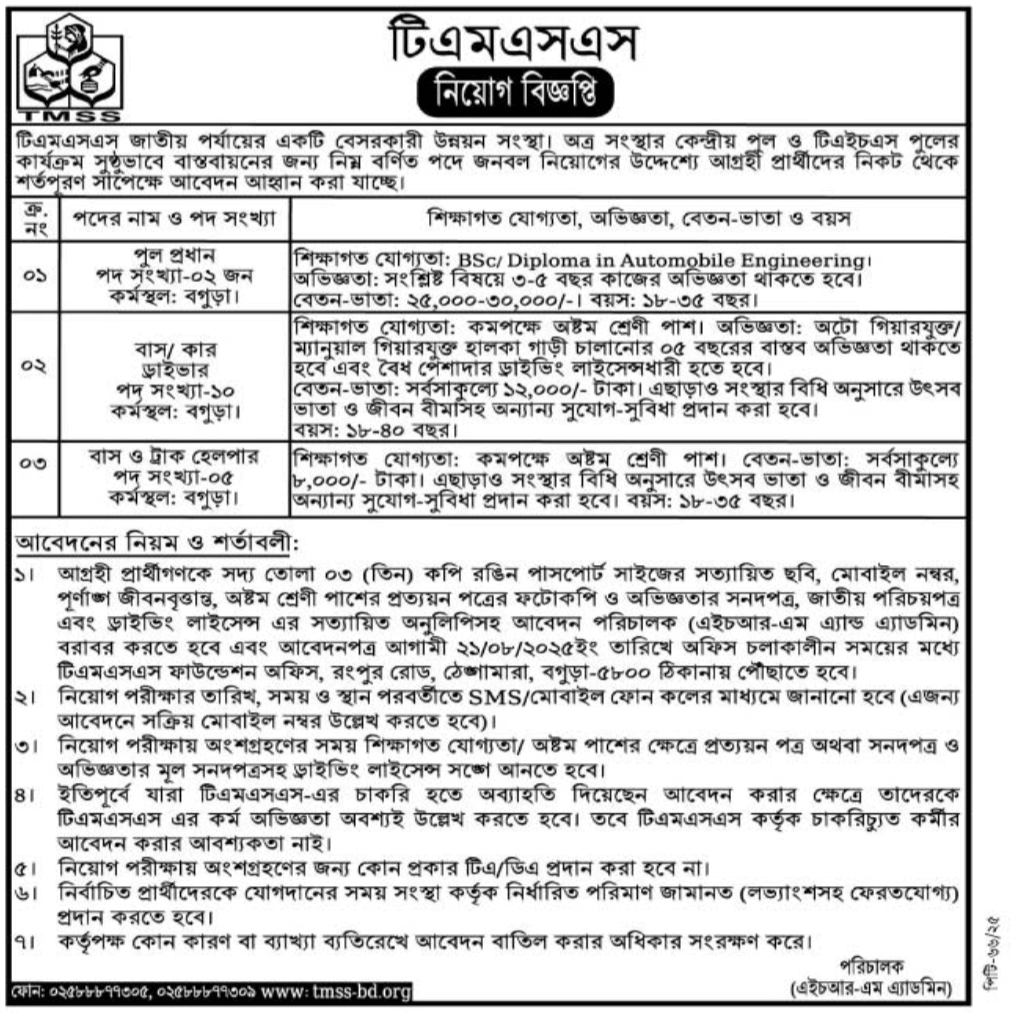 টিএমএসএস এনজিও নিয়োগ